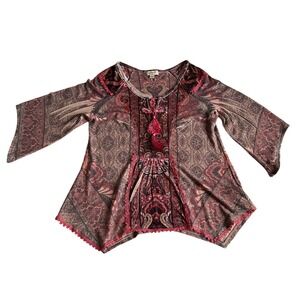 One World Peasant Blouse Womens S Boho Velvet Ornamental Shark Bite Artsy Tassel
